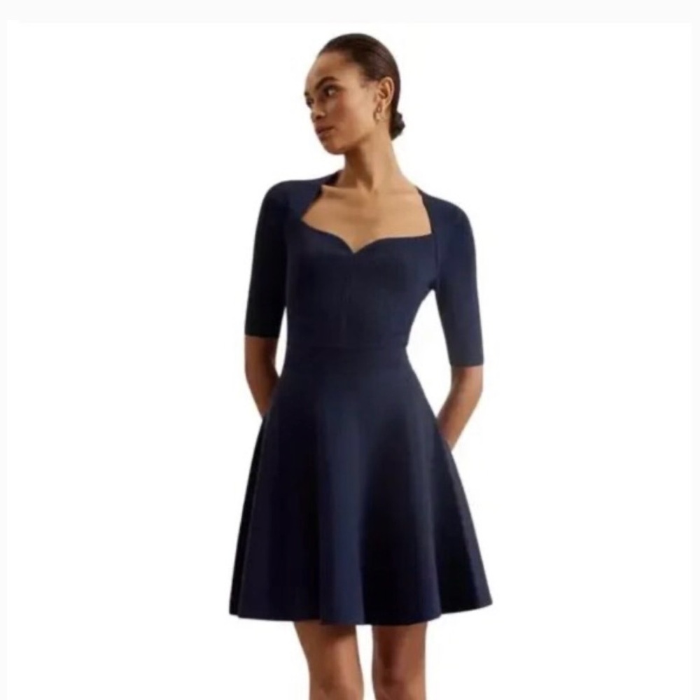 Ted Baker Milly Navy Fit-and-Flare Dress with Sweetheart Square Neck